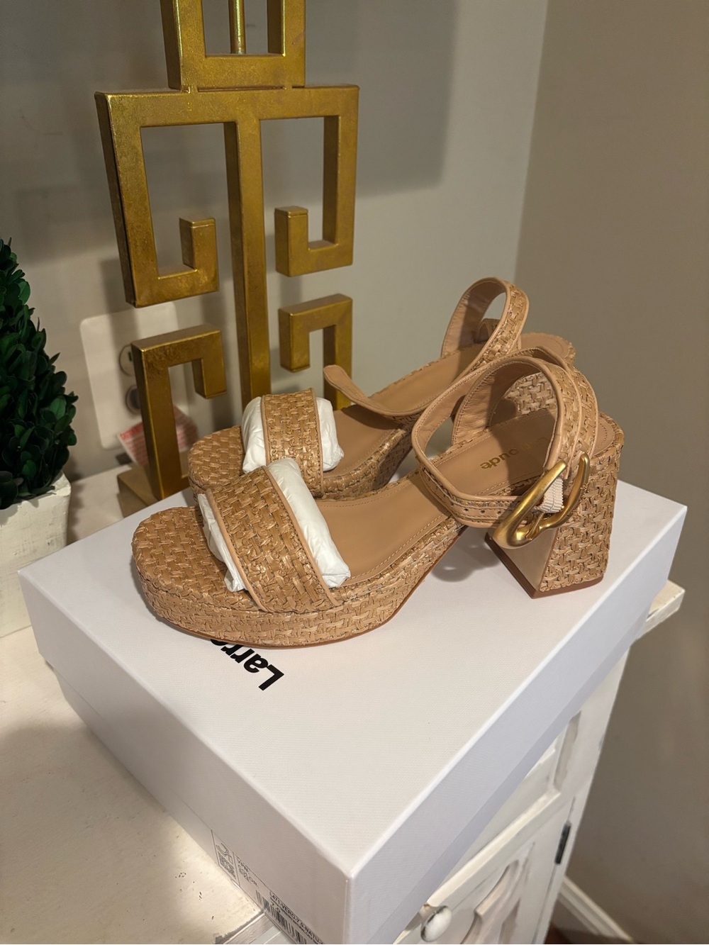 Larroude Braided Platform Wedge Sandals in Natural Tan